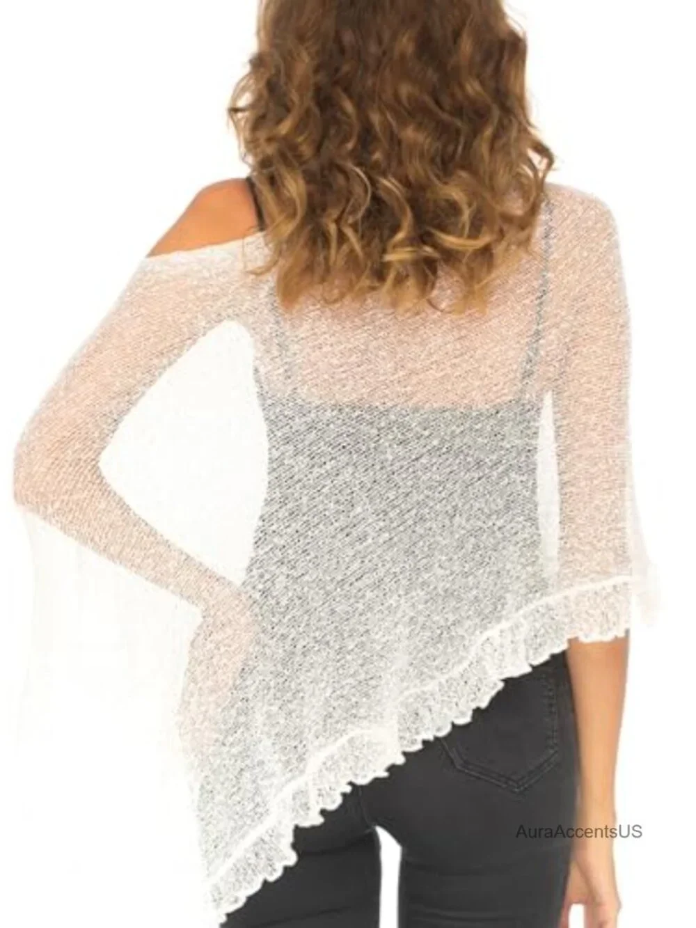 Sheer Knit Poncho Shrug Lightweight Asymmetrical Ruffle Wrap Dressy Summer
